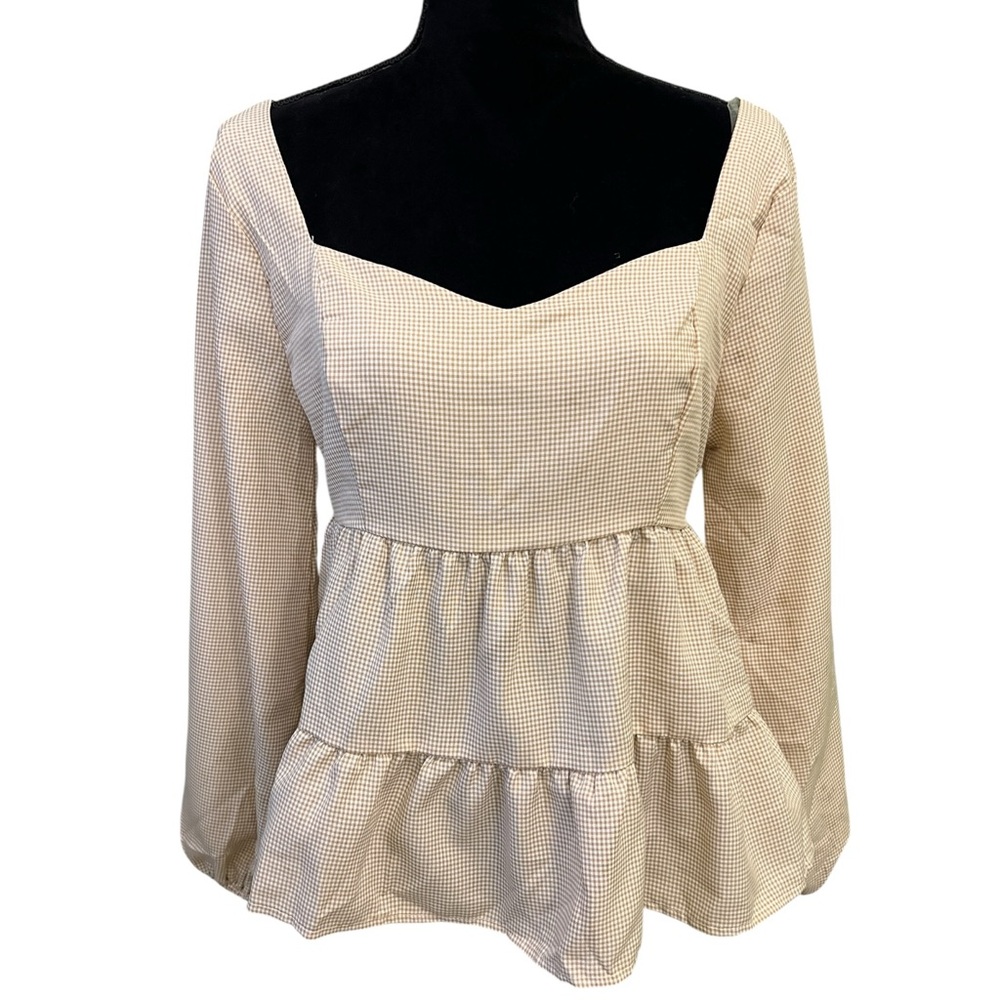 Carly Jean Los Angeles Womens Cream Tan Gingham Check Ruffle Blouse Large NWOT